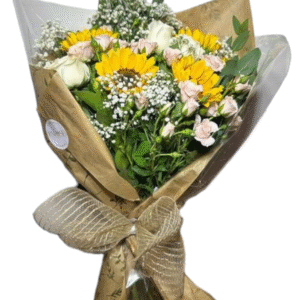 Buquê Misto com Girassol, Rosas e Mini Rosas