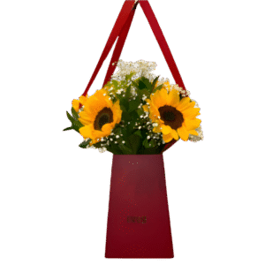 Arranjo de Girassóis em Bolsa Vermelha - Elegância Vertical